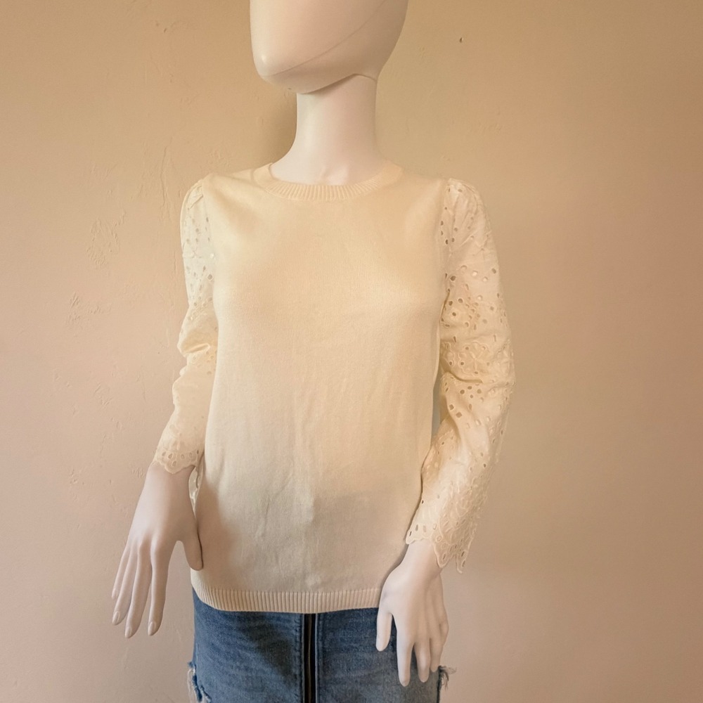 LOFT Women Cream Eyelet Sleeve Knit Sweater Off White Crew Neck Scallop‎ Cuff XS